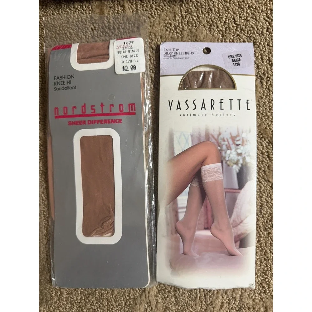 Lot of 7 Vintage Knee High Sheer Sock Black Jet Sandalfoot Nude Vassatette Hanes